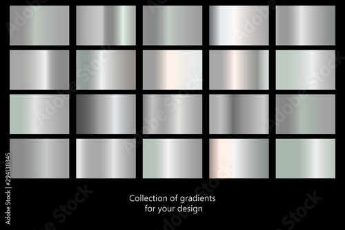 Collection of silver gradient backgrounds. Set of silver metallic textures. Vector illustration