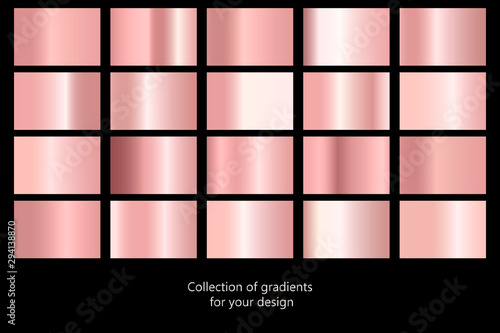 Collection of rose gold gradient backgrounds. Set of pink metallic textures. Vector illustration