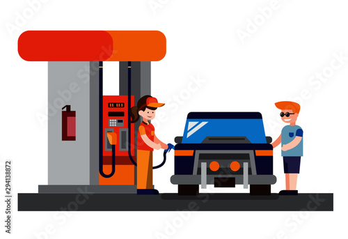 gas station  man with muscle car illustration vector