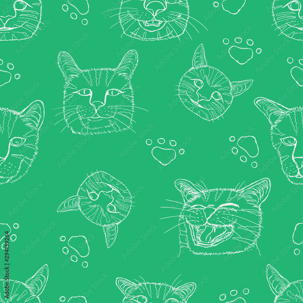 seamless pattern set line sketch of different element cute cat head and footprint. vector illustration eps10