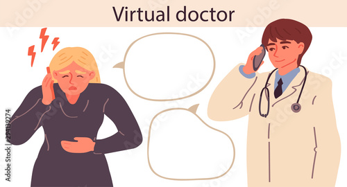Woman with stomach disease calls a doctor. Technology concept vector design. Vector illustration in freehand drawn style