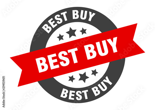 best buy sign. best buy black-red round ribbon sticker