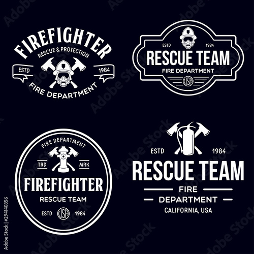 Set of firefighter volunteer, rescue team emblems, labels, badges and logos in monochrome style.