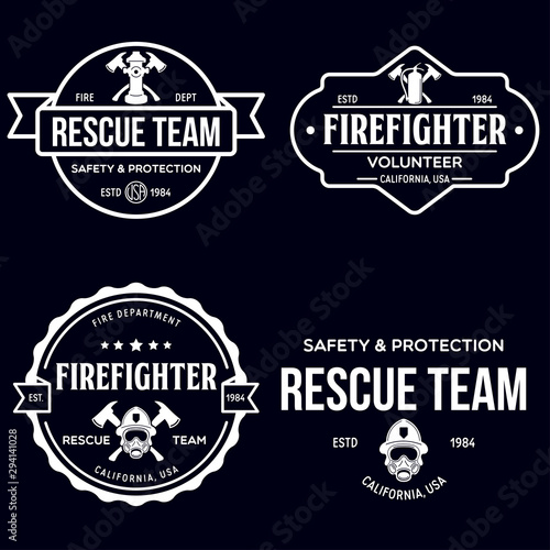 Set of firefighter volunteer, rescue team emblems, labels, badges and logos in monochrome style.