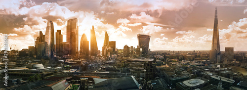 City of London at sunset. Modern skyscrapers of the financial area. UK, 2019