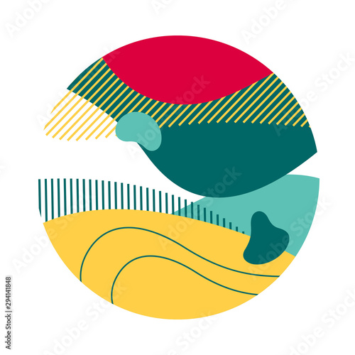 Red  yellow  turquoise abstract circle. Circular form with hatching  regular round shape  flowing liquid. Vector illustration for print  flyer  logo design