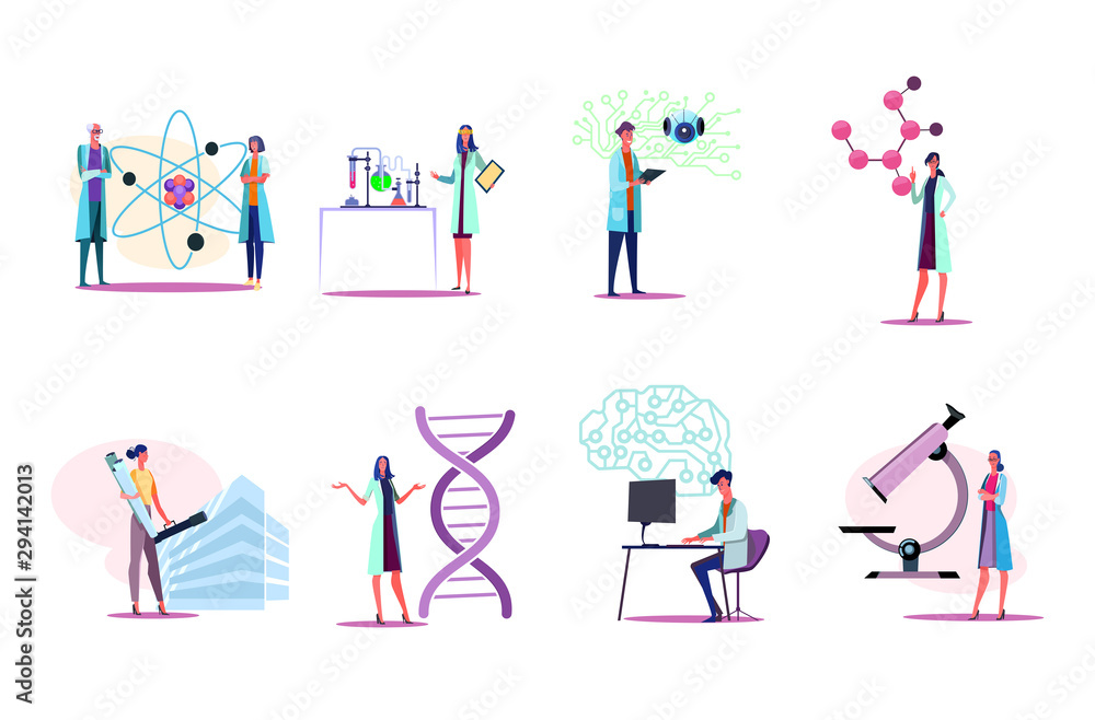 Men and women in white coats working in lab set. Doing research, standing near molecule model, microscope, circuit board. Science concept. Vector illustration for posters, presentations, landing pages