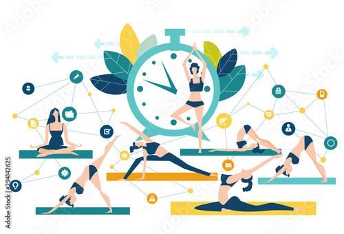 Young woman during yoga classes. Women surrounded by communication icons  Finding the time for yourself in a busy modern world. Modern life style  health and beauty concept. 