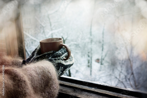 Hands in knitted mittens with  cup of hot drink on background of winter nature photo