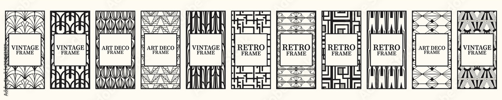 Black frames set on a white background. Retro frame with luxury ornament. Vintage decorative borders in art deco style. Vector illustration