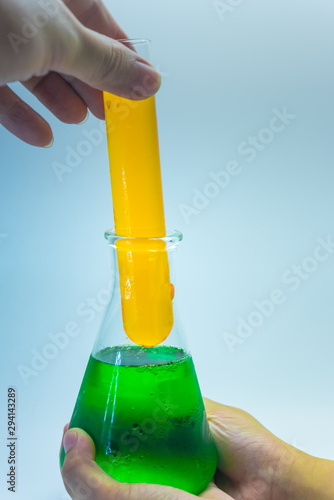 Science chemical tubes with colorful liquid. Medical laboratory research background. pharmacology and biotechnology concept. Copy space for texting. photo