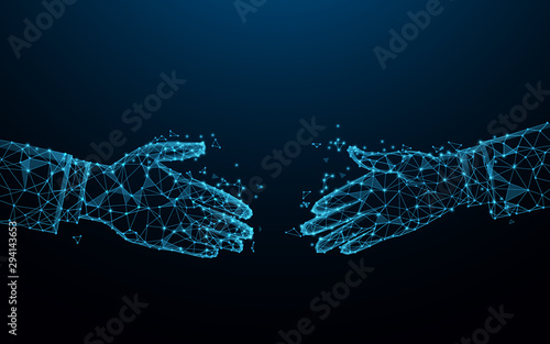 Business handshake from lines, triangles and particle style design. Partnership and Deal concept