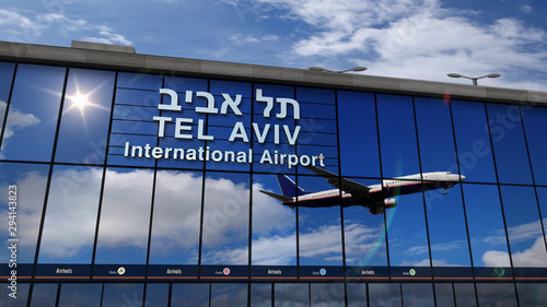 Fotografia Airplane landing at Tel Aviv mirrored in terminal