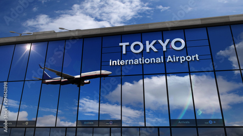Sticker Airplane landing at Tokyo mirrored in terminal