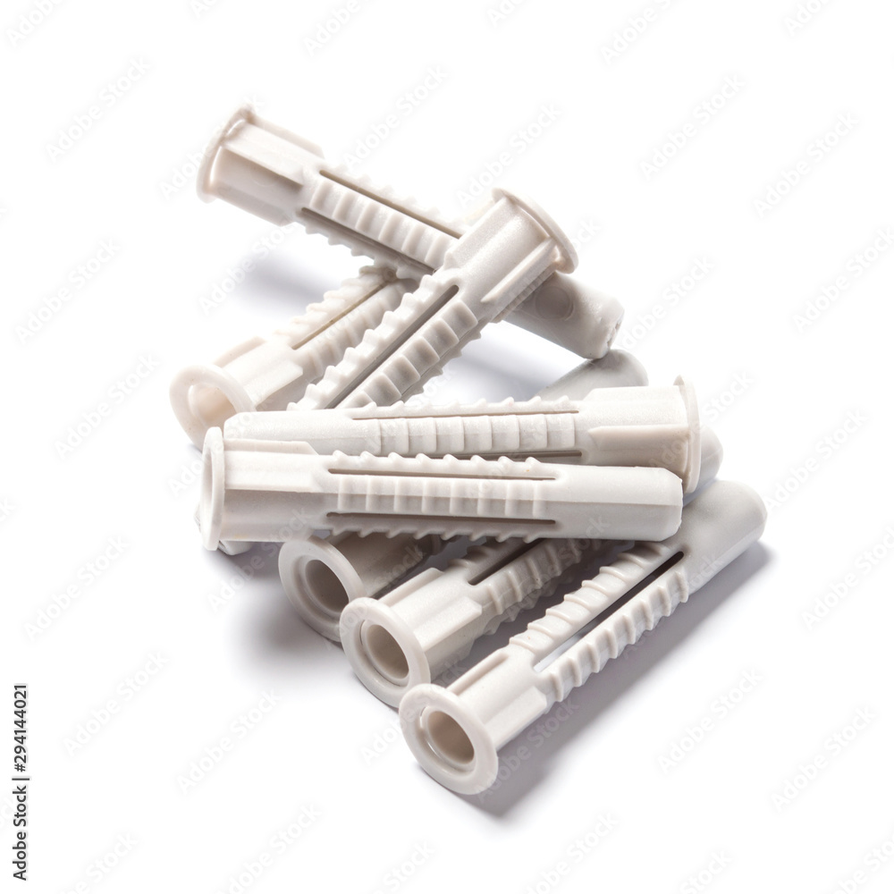 Self-tapping screw plastic dowels isolated on white background Self-tapping screw plastic dowels isolated on white background