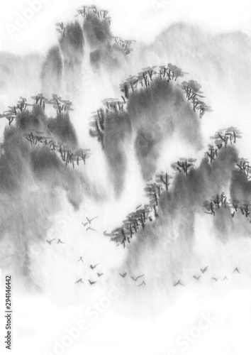 Background with mountains. Ink mountain landscape. Mountains in the fog. Trees on the mountain. Ink image. 