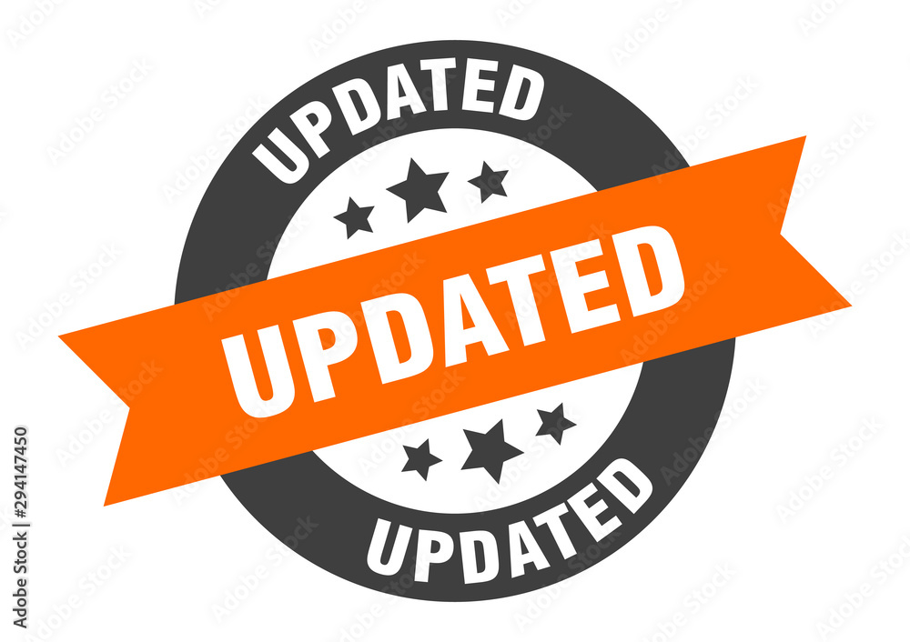 Fototapeta premium updated sign. updated orange-black round ribbon sticker