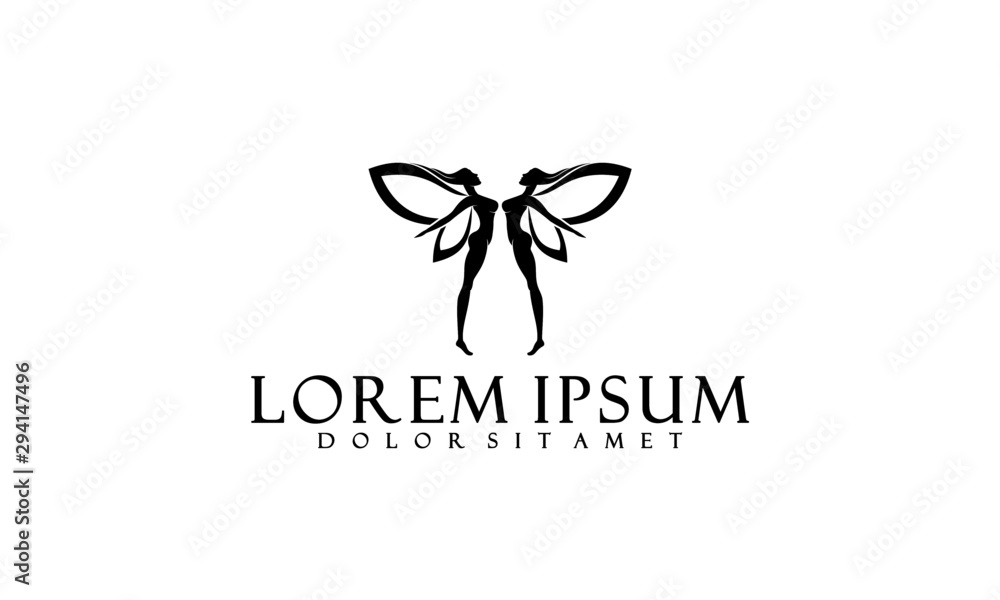 Twins fairy logo template with woman flying wings symbol in flat design monogram illustration Twins fairy logo template with woman flying wings symbol in flat design monogram illustration