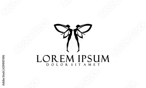 Twins fairy logo template with woman flying wings symbol in flat design monogram illustration