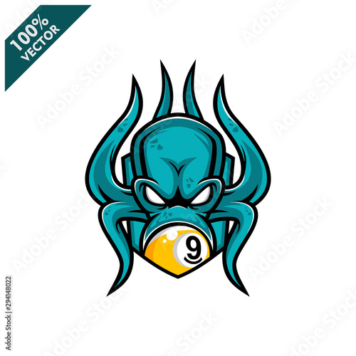 Vector sport logo, kraken octopus head illustration and billiard 9 ball on the shield background. Logo for sport club or team. Vector illustration