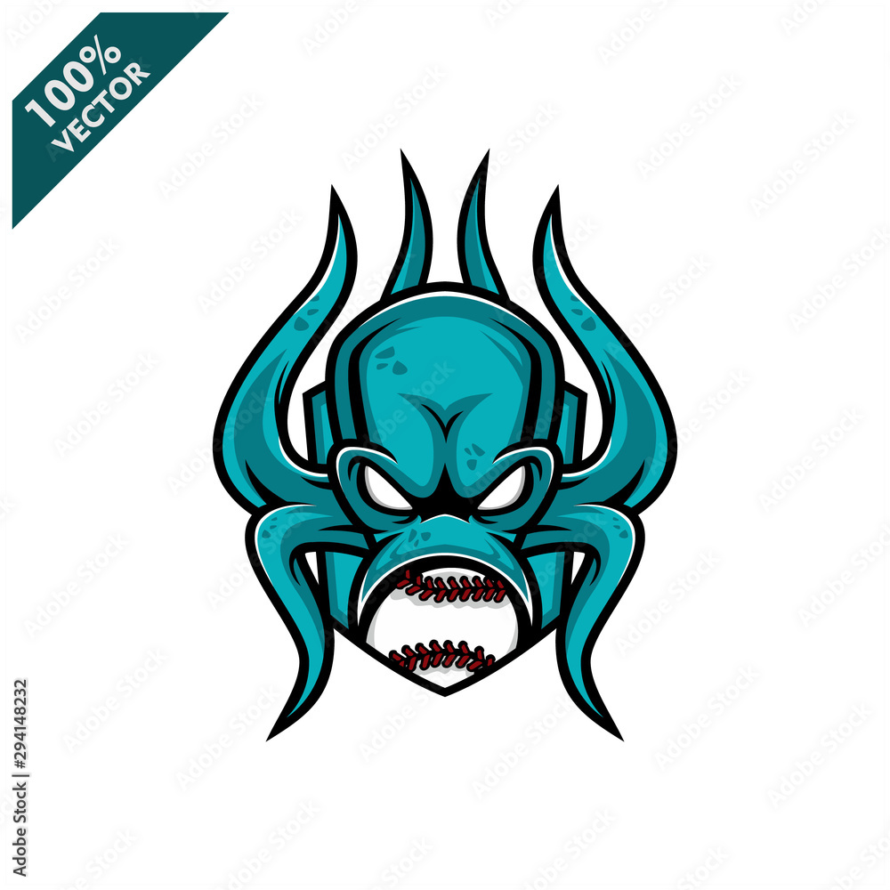Vector sport logo, kraken octopus head illustration and baseball ball on the shield background. Logo for sport club or team. Vector illustration Vector sport logo, kraken octopus head illustration and baseball ball on the shield background. Logo for sport club or team. Vector illustration