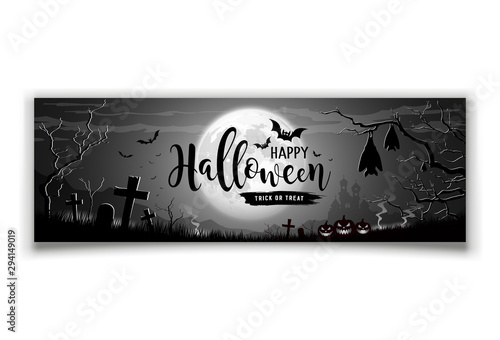 Happy Halloween message on Moon and Castle, trees on gray background, Vector illustration