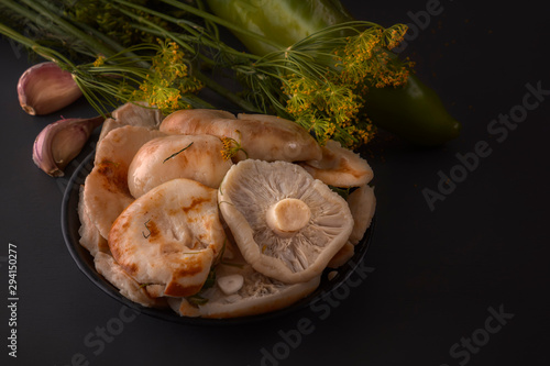 Salted mushrooms on a dark background. Low key. Copy space. Close-up