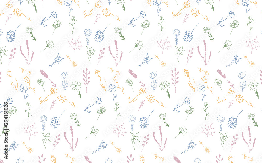 Pattern with hand drawn doodle flowers and leaves. Vector floral illustration for wallpaper, card or fabric Pattern with hand drawn doodle flowers and leaves. Vector floral illustration for wallpaper, card or fabric