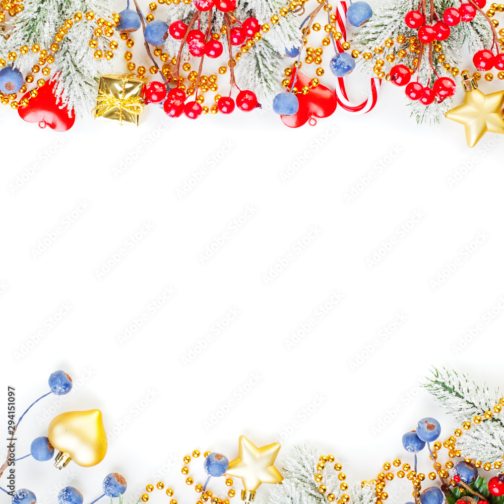 Merry Christmas background. Xmas card winter composition border with copy space
