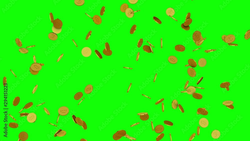 Gold bitcoins explosion on green. Gold bitcoins explosion on green.
