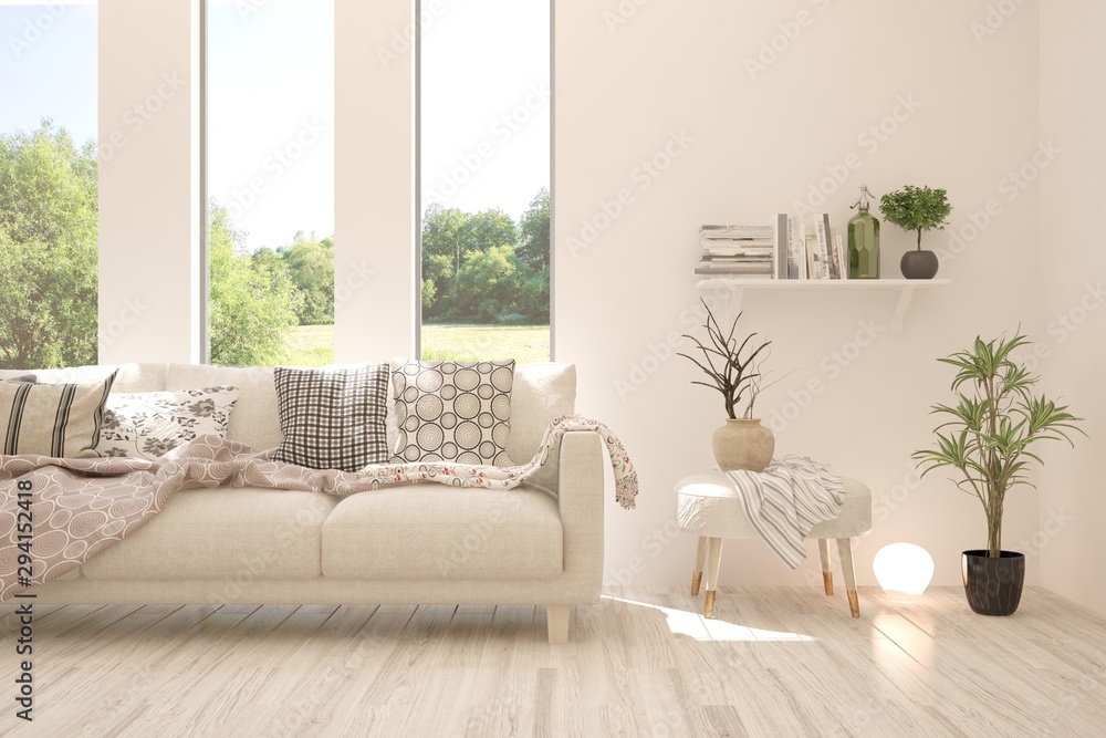 Plakat Stylish room in white color with sofa and summer landscape in window. Scandinavian interior design. 3D illustration
