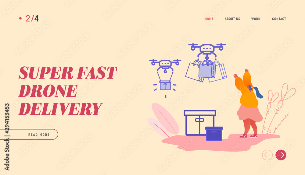 Landing Page of Drone Transporting Package for Online Shopping and People Characters. Drone Delivery, Commercial Quadcopter, Aircraft Business Trend Concept. Website, web template. Vector Illustration