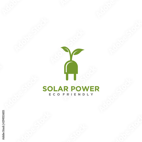 Eco-friendly resource logo by utilizing solar system energy with shape socket and leaf/plant element.