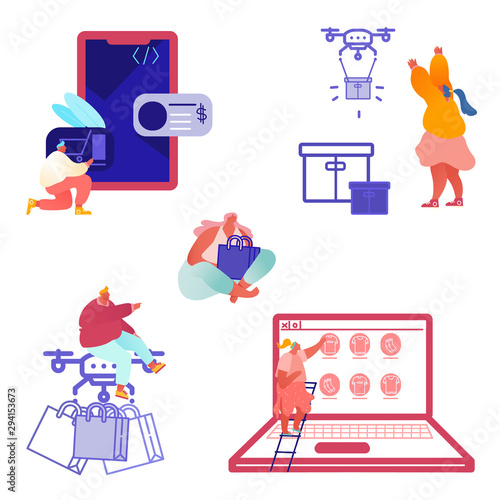 Drone Delivery Service Concept with People Controlling Quadcopter. Woman and Man Characters Shopping Online. Copter Control Flight . Aircraft equipment for transportation. Vector Illustration