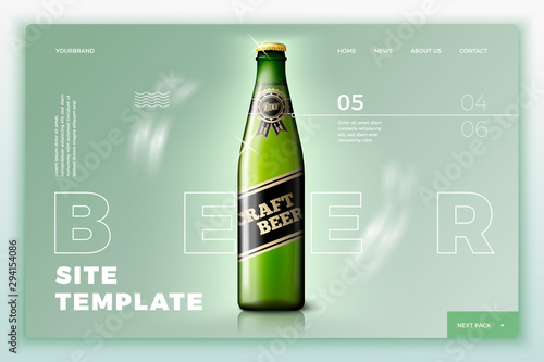 Vector green beer bottle on bright site template