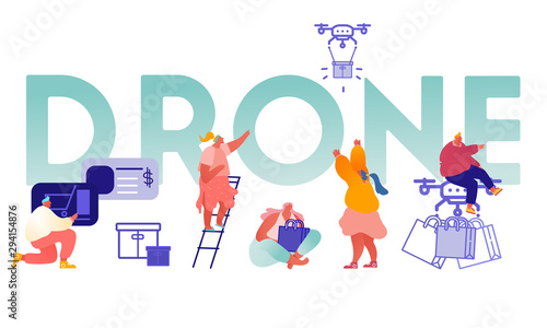 Drone Delivery Service Concept with People Controlling Quadcopter. Man and Woman Characters Buying Online. Technology Control Flight of Copter. Aircraft equipment for videography. Vector Illustration