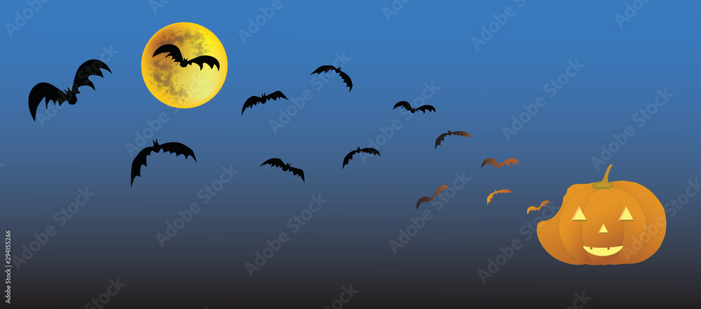 Halloween bats flying from scary pumpkin face to the Moon in dark blue sky background banner, vector illustration.
