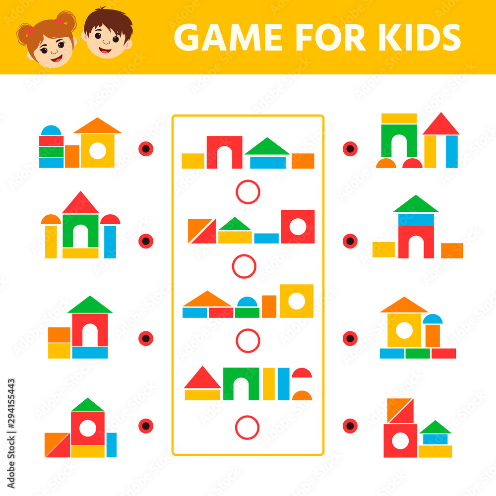 Education logic game for preschool kids. Kids activity sheet. Find a match between shapes. Children funny riddle entertainment. Vector illustration