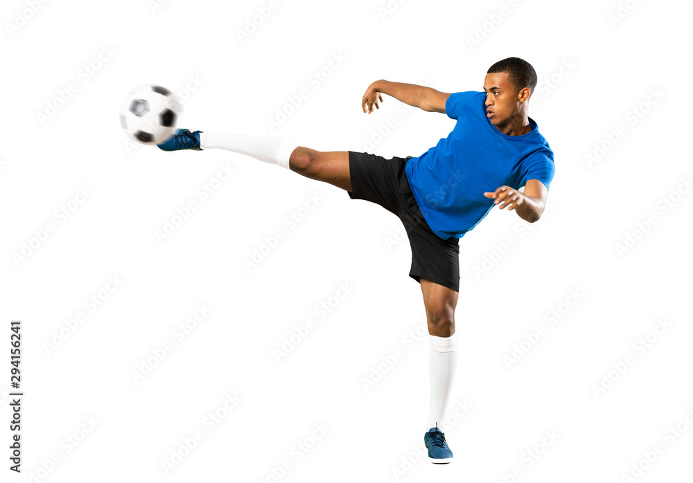 Full-length shot of African American football player man over isolated white background Full-length shot of African American football player man over isolated white background