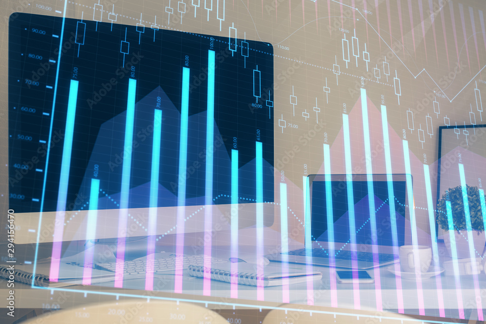 Stock market graph on background with desk and personal computer. Double exposure. Concept of financial analysis. Stock market graph on background with desk and personal computer. Double exposure. Concept of financial analysis.