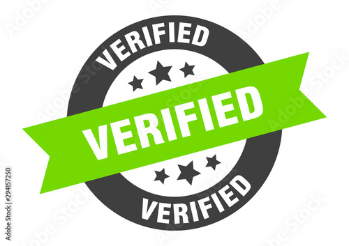 verified sign. verified black-green round ribbon sticker photo