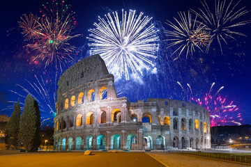 Fireworks display over the Colosseum in Rome, Italy