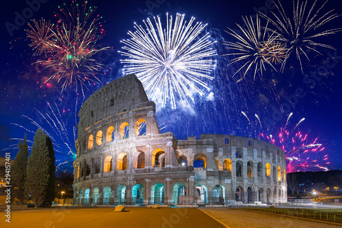 Fototapete Fireworks display over the Colosseum in Rome, Italy