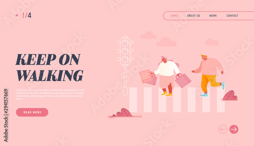 Pedestrians Walking on City Street, Crossing Road at Traffic Light Website Landing Page. People Rushing to Work, Woman with Shopping Bags Web Page. Flat Vector Illustration Banner
