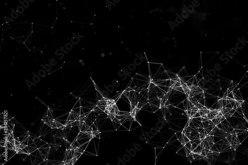 abstract 3d rendering technology plexus white dynamic digital surface on black background, geometrical shape with white lines particles futuristic movement background