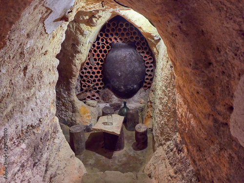 Selective focus view of the galleries of the arab caves labyrinth built under the medieval city of Brihuega, Guadalajara, Alcarria, Castilla la Mancha, Spain