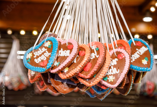 Traditional gingerbread hearts at Christmas market stall in Berlin Germany