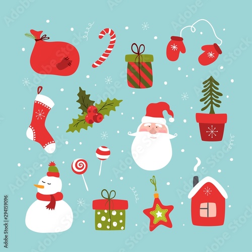 Set of christmas and happy new year items. Vector illustration.