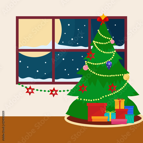 fireplace in the night christmas day with family happy decoration pine tree with accesoris