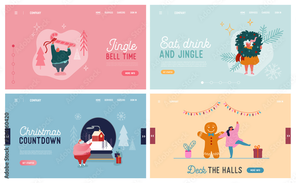 Festive Winter Season Holidays Website Landing Page Set. People Characters and Christmas Traditional Symbols Gingerbread Man, Candy Cane Crystal Ball Web Page Banner. Cartoon Flat Vector Illustration Festive Winter Season Holidays Website Landing Page Set. People Characters and Christmas Traditional Symbols Gingerbread Man, Candy Cane Crystal Ball Web Page Banner. Cartoon Flat Vector Illustration
